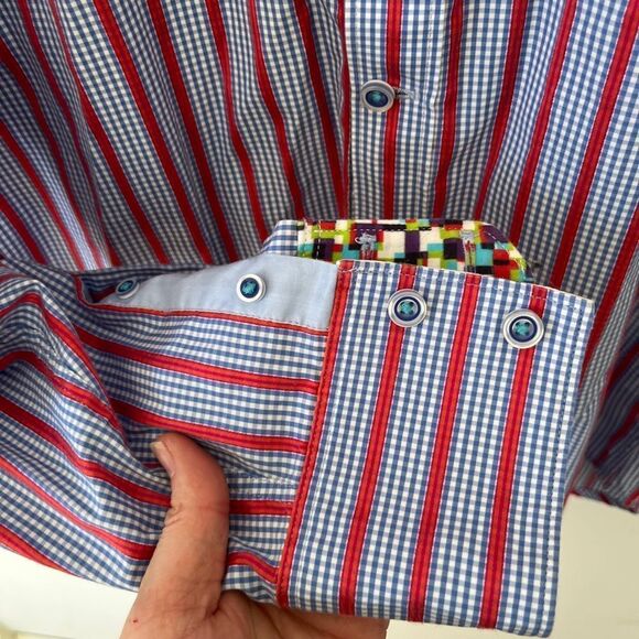Robert Graham Blue Red Stripe Contrasting Cuffs Button Down Dress Shirt - Picture 7 of 14
